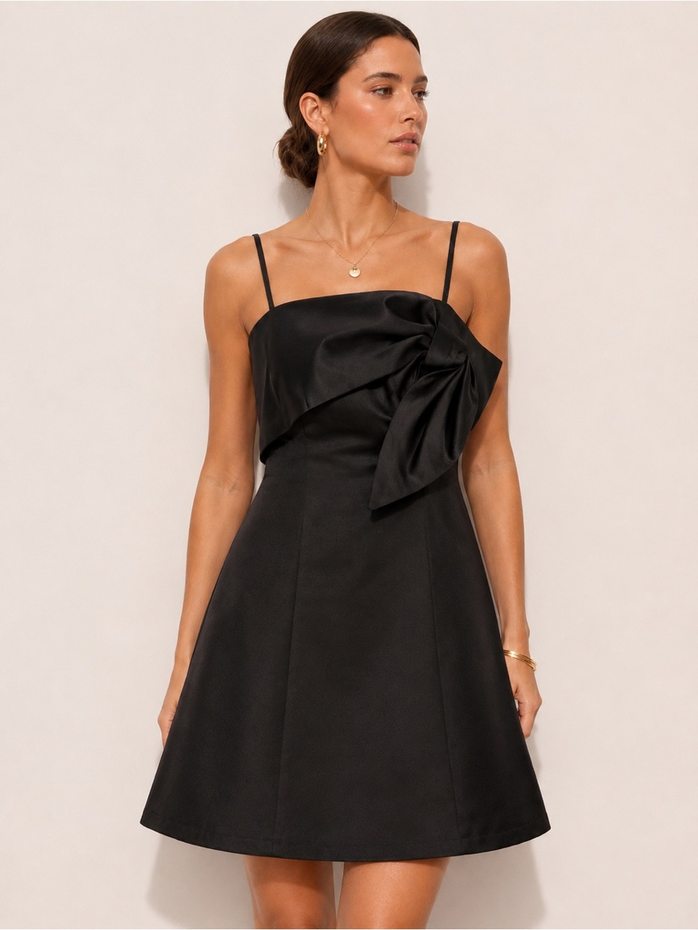 Elegant LBD Black Spaghetti A-Line Mini Dress with Side Bow Accent US 2